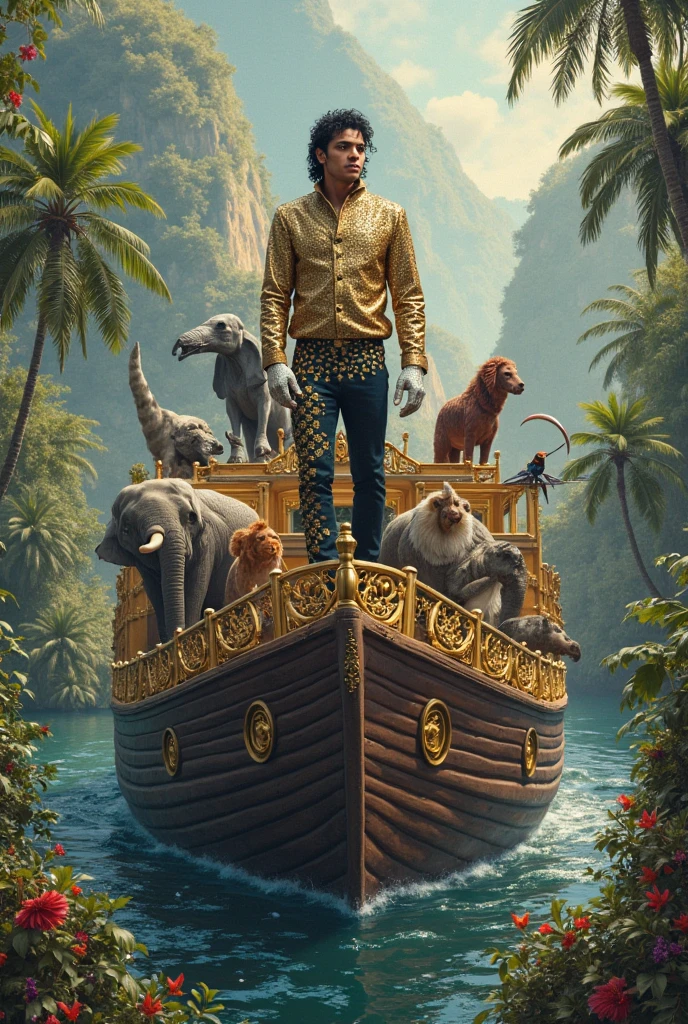 A handsome handsome shirtless man wearing gold pants sitting on a king&#39;s chair, thin white skin, in the desert with a desert palm tree behind him, a lake and a peacock with two leopards at his side, a carpet under his feet while 2 golden women dance in front