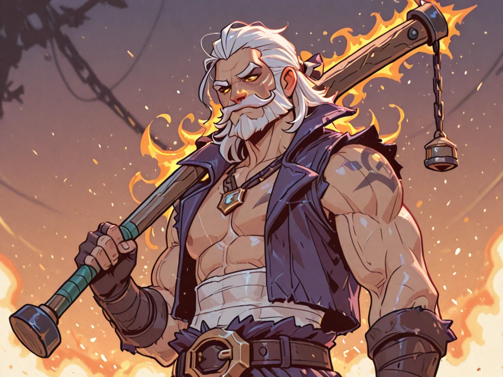 ((best quality)) , ((masterpiece)) , (detailed),weapon, armor, holding, long hair, facial hair, glowing eyes, 1boy, male focus, holding weapon, glowing, sword, outdoors, helmet, braid, teeth, fire, shoulder armor, pants, grey hair, beard, bangs, holding sword, muscular male, white hair,(((GTA-style artwork ,Satirical, exaggerated, pop art style, vibrant colors, iconic characters, action-packed)))