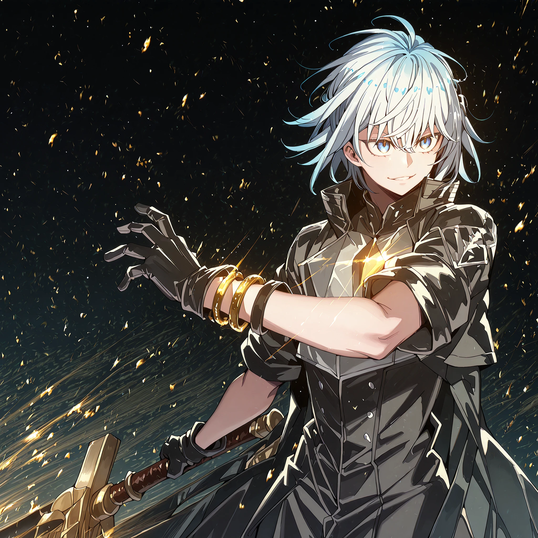 alone, 1 boy, and short, small character, short character, Character 1.50 meters tall, and short, young character, character with male body of Vanitas from "Vanitas no Carte", male character, long, loose white hair with blue underside, young and short character, similar in height to Rimuru Tempest;
sparkling white hair, the character's hairstyle must match that of Uchiha Sasuke, long bangs, cabelo preso em longo rabo-de-cavalo;
The character's face must be the same as Hill from "Lilith's Cord", striking blue eyes, provocative face, provocative smile, perfect and beautiful face;
perfect anatomy, black military tactical clothing, tight to the body with gold details, Lucifer/Lucio style from Granblue Fantasy (military tactical black), exposed arms, short body, exposed arms and shoulders, Dusk's black coat from "Arknights", coat falling down the arms, black gloves covering the entire arm with golden bracelets on the wrists;
holding a large and giant greatsword completely black, greatsword longer than the character's height, black blade;
black background, attack position (holding a large and giant greatsword completely black, greatsword longer than the character's height, black blade), black military tactical clothing, tight to the body with gold details, Lucifer/Lucio style from Granblue Fantasy (military tactical black), exposed arms, short body, exposed arms and shoulders, Dusk's black coat from "Arknights", coat falling down the arms, black gloves covering the entire arm with golden bracelets on the wrists;
Flashy pose, looking at the observer, provocative smile, confident, character is a young age boy,
character is a male character, similar height to Rimuru Tempest;