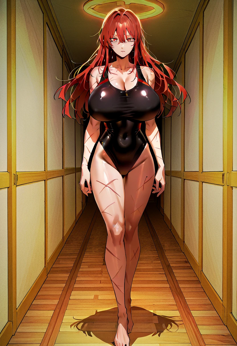 (high quality:1.2), intricate detailed, digital art, TakashiroHiroko, 1girl, mature female, solo, cowboy shot, looking at viewer, smile, blush, purple eyes, long hair, red hair, 1 girl solo,(((huge breasts))), saggy breasts,
one-piece navyblue swimsuit,((old school navyblue swimsuit)),school navyblue swimsuit,wet,barefoot,cameltoe.
embarrassing,blush,
full body,
sunlight, cloudy sky, sun, school pool,outdoor,