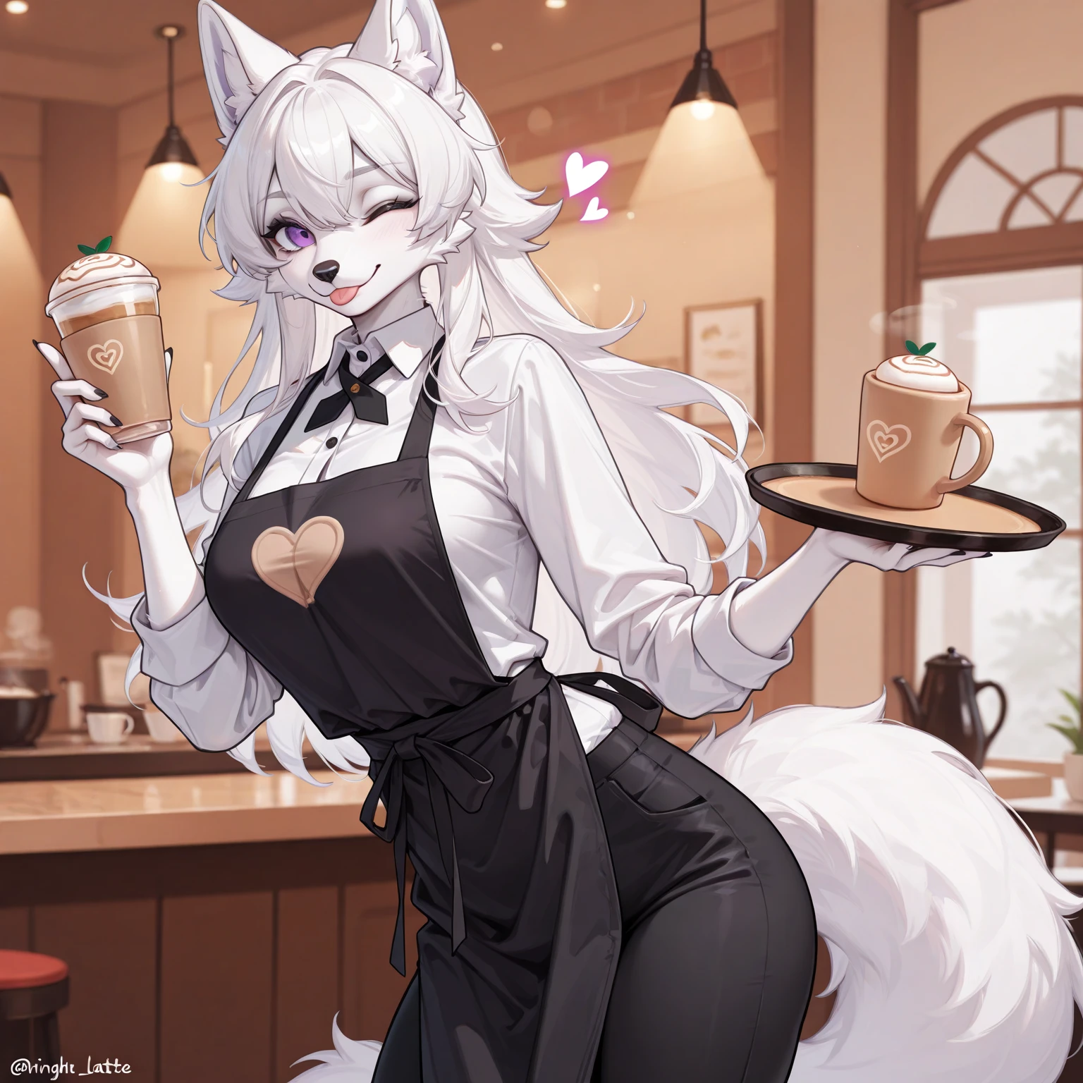 (masterpiece), highest quality, Perfect Face, Furry, Wolf, male, Blushed, Rubber suit, Null bulge, Cafe, round 1, ribbon, Transparent Vinyl Apron, restaurant