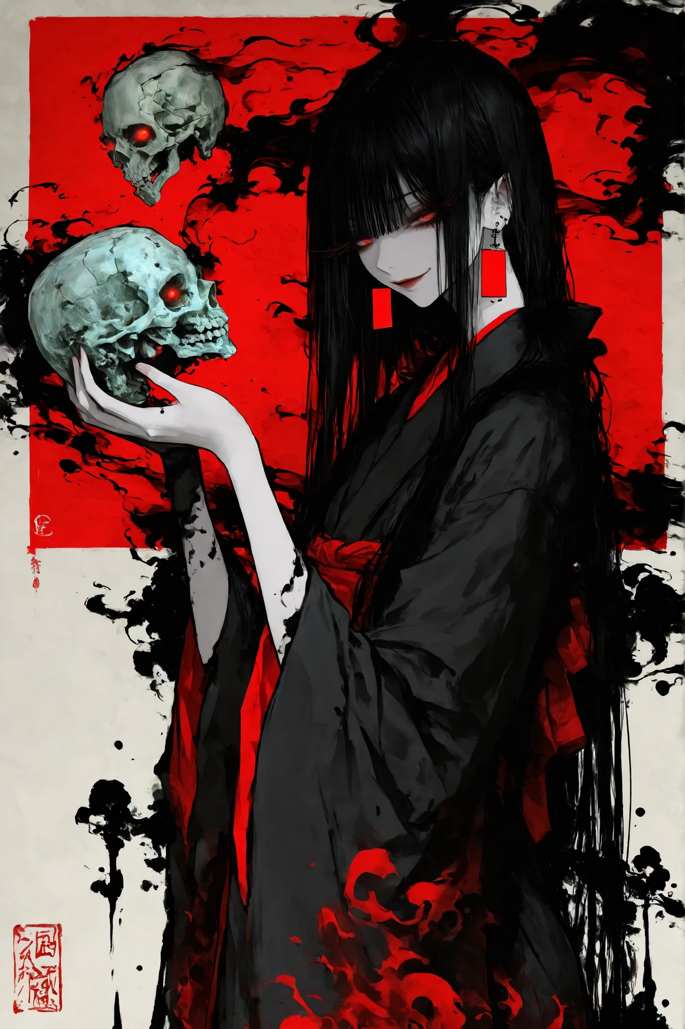 Masterpiece、Highest quality、Realistic photos、Thick Fog、A beautiful Japanese girl in a very elaborate red kimono、((((Holding a pure white skull、Skeleton hugging))))、((Red background with blooming spider lilies))