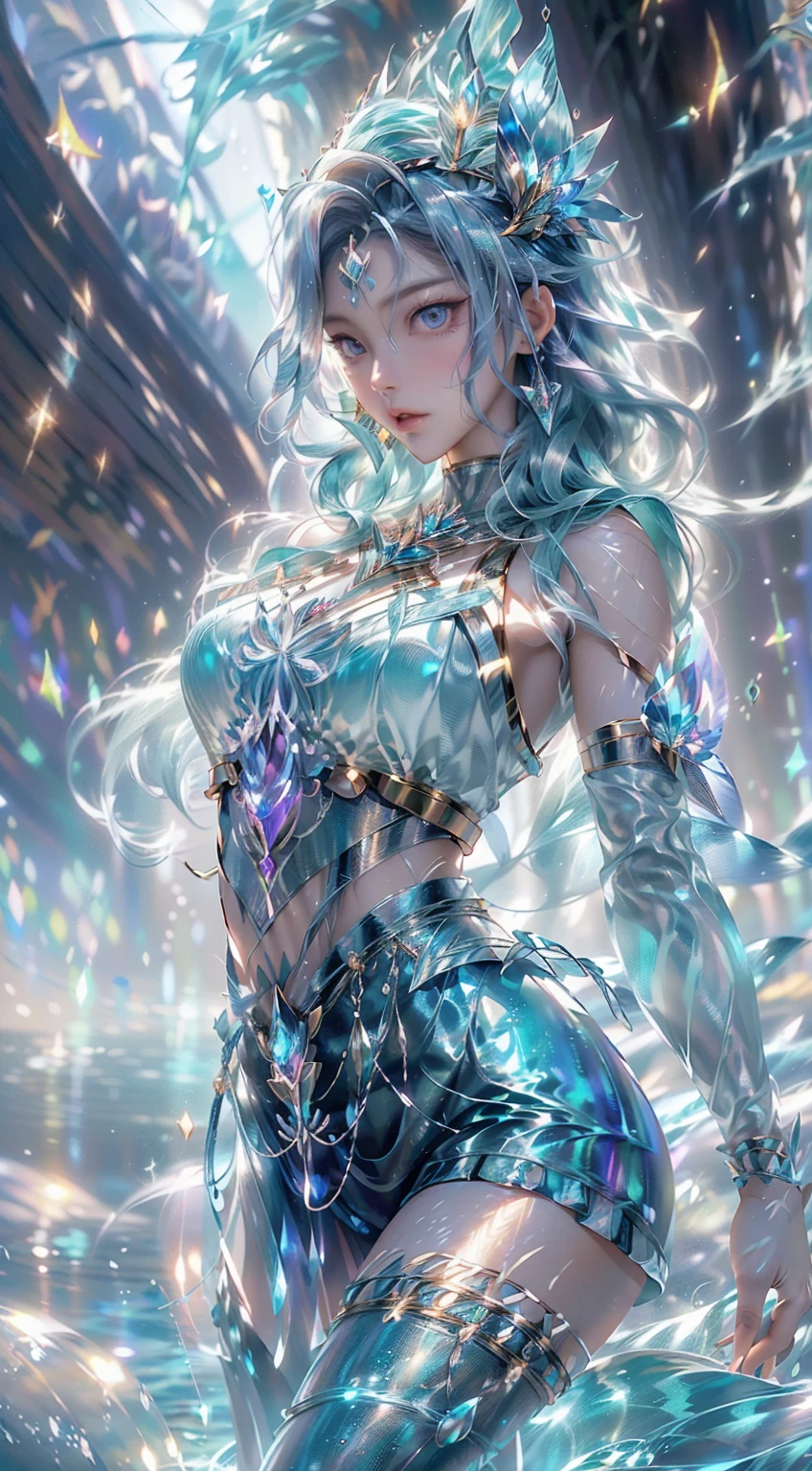 (obra maestra:1.3), ((Mejor calidad:1.3),imagina una flor de mujer de cristal, Her exquisite figure is like a sculptural work of art., llorando en el cielo estrellado. The blue night enveloped her, Casting a melancholic light on his ethereal figure. Her glass Brillo corporals with bright blue hues, Every line and curve is etched with intricate details.. El cristal de sus ojos refleja las estrellas titilantes., Reflecting the infinite depth and emotion of the universe.. Your sadness is beyond words., Pero su hermosa figura no se ve afectada., Proof of the extraordinary power of emotion. Esta mujer de cristal 4K es una imagen exquisita de luces y sombras., color, y sintiendo, llegar,Brillo corporal,linea brillante,fluorescencia,Ejemplo luminoso,Ejemplo de seguimiento,destello,萤light particles,iluminar desde el fondo,translucent,light particles,correct human anatomy,(mostrando panties :1.4),(convexo dedos detailed),( fondo caverna piedras grandes congelado hielo :1.4), 16k,( cristales gigante de cuarzo paredes caverna :1.4)