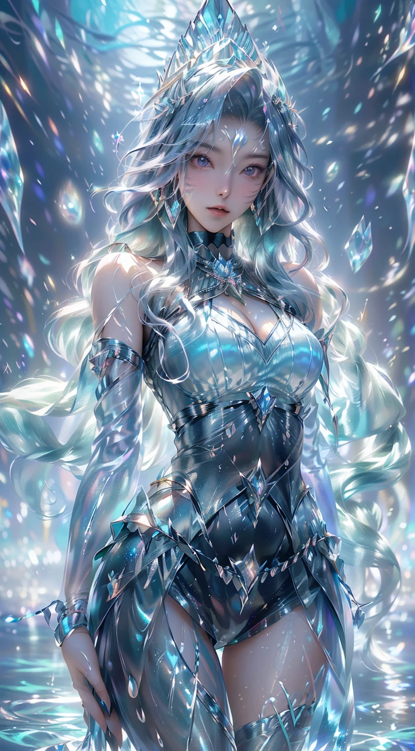 One beautiful woman、Long Field Angle、Highest quality、Super detailed、masterpiece、Transparent light blue hair、Crystal-like hair、Blue eyes that shine like jewels、Flowing hair、Sky、Standing on a steep cliff、Above the Clouds、Spectacular viewystery