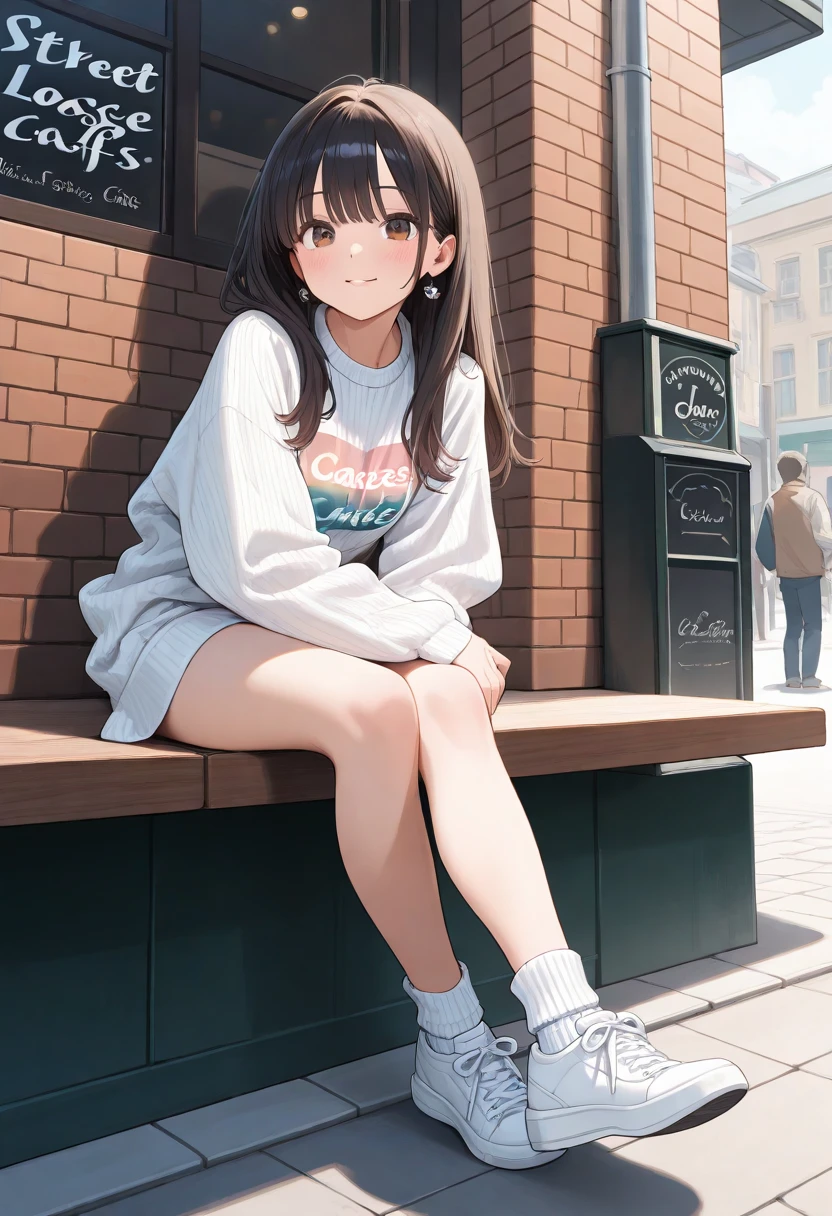 masterpiece, highest quality,Shiny,Abuse of chromatic aberration,pastel colour,whole body,Wide Shot,Perfect Eyes、 One girl,alone, ,Bob cut braids,Red eyes,Brown Hair,smile, View your viewers,Immature girl, architecture,wood,alley,Cobblestones,Sitting, with own hands, Pink hoodie, Black pantyhose,Denim shorts