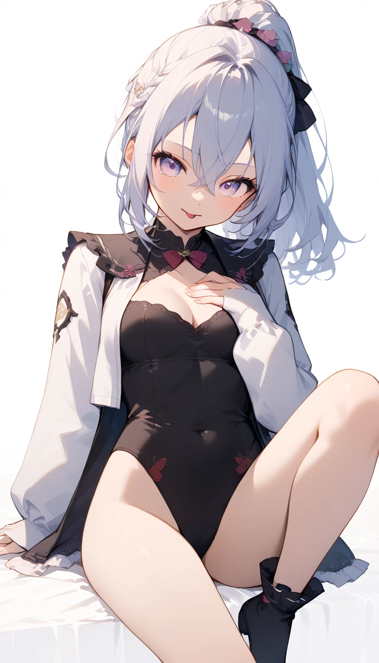 (((head out of frame))), Anime girl in lingerie takes selfie with mobile phone,, wearing bra, one hand on own chest, white background, white background, fashionable and trendy atmosphere, Revealing clothes, feet out of frame, white skin, anime style, Seductive Anime Girl,