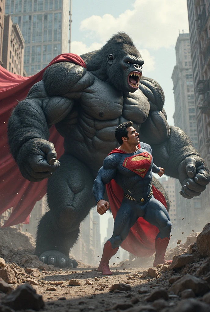 Superman and the gorilla are having a fierce fight between tall buildings. Some helicopters are also firing bullets at the gorilla. It looks like superman is going to win against a gorilla