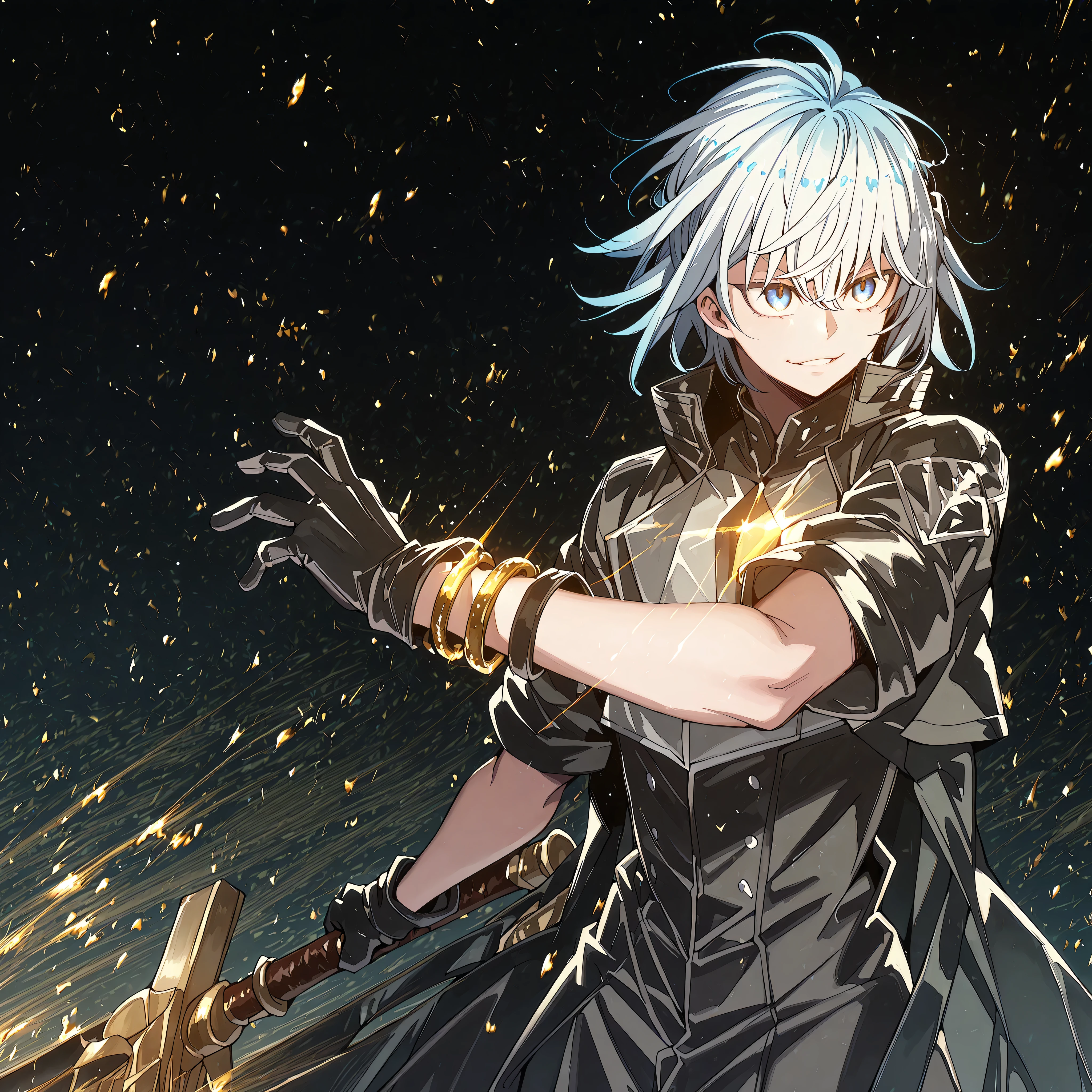 alone, 1 boy, and short, small character, short character, Character 1.50 meters tall, and short, young character, character with male body of Vanitas from "Vanitas no Carte", male character, long, loose white hair with blue underside, young and short character, similar in height to Rimuru Tempest;
sparkling white hair, the character's hairstyle must match that of Uchiha Sasuke, long bangs, cabelo preso em longo rabo-de-cavalo;
The character's face must be the same as Hill from "Lilith's Cord", striking blue eyes, provocative face, provocative smile, perfect and beautiful face;
perfect anatomy, black military tactical clothing, tight to the body with gold details, Lucifer/Lucio style from Granblue Fantasy (military tactical black), exposed arms, short body, exposed arms and shoulders, Dusk's black coat from "Arknights", coat falling down the arms, black gloves covering the entire arm with golden bracelets on the wrists;
holding a large and giant greatsword completely black, greatsword longer than the character's height, black blade;
black background, attack position (holding a large and giant greatsword completely black, greatsword longer than the character's height, black blade), black military tactical clothing, tight to the body with gold details, Lucifer/Lucio style from Granblue Fantasy (military tactical black), exposed arms, short body, exposed arms and shoulders, Dusk's black coat from "Arknights", coat falling down the arms, black gloves covering the entire arm with golden bracelets on the wrists;
Flashy pose, looking at the observer, provocative smile, confident, character is a young age boy,
character is a male character, similar height to Rimuru Tempest;
