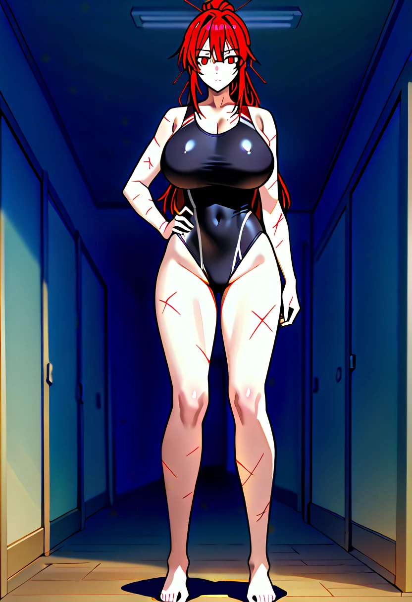 (high quality:1.2), intricate detailed, digital art, TakashiroHiroko, anime,1girl, mature female, solo, cowboy shot, looking at viewer, smile, blush, purple eyes, long hair, red hair, 1 girl solo,(((gigantic breasts))), (((saggy breasts))),
spread legs standing, looking at viewer, arms above head, full body,
one-piece navyblue swimsuit,old school navyblue swimsuit,school navyblue swimsuit,wet,barefoot,cameltoe.
embarrassing,blush,
sunlight, cloudy sky, sun, school pool,outdoor,