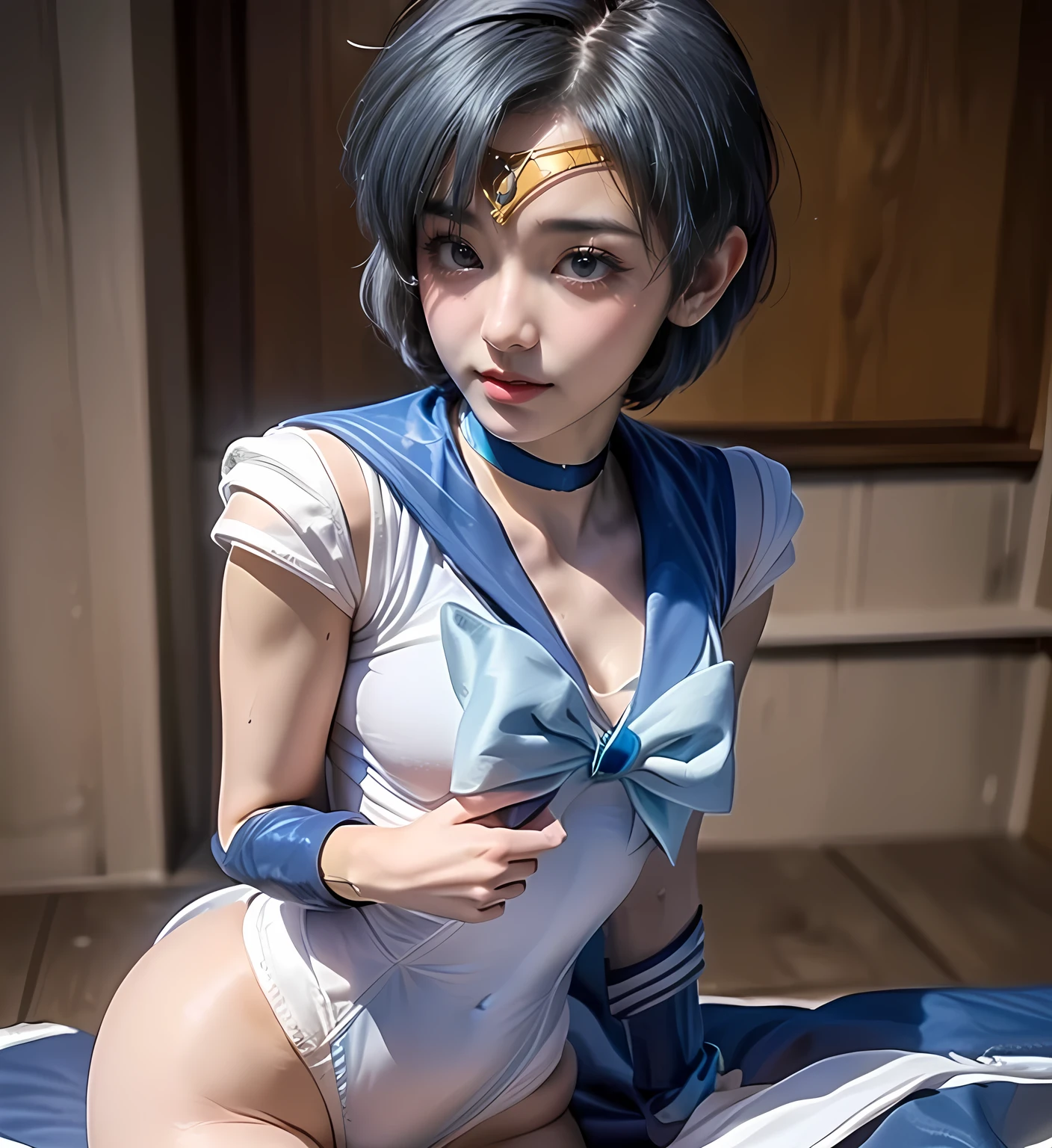 (((Sailor Mercury))), Bluish short hair, blue elbow pads White long gloves, (Sailor Warriors Sailor Warriorsのコスチューム:1.47), (The leotard is white:1.7), Blue collar, Sailor Warriorsの胸リボン, The costume is tight against the skin, middle School girls, (blush), ((Slender figure Beautiful Skin)), Highest quality, High resolution, masterpiece, (Beautiful vagina), (With a 30-year-old mafia man, penis:1.4), Complete limbs, (Mating press:1.2), 1 Beautiful Girl, ((((penis enters vagina)))), (Beautiful crotch), Spread your legs, ((Binding, Restrained by rope:1.4)), Sailor Warriors fuck a guy fully clothed, (((Such a cute little face)))