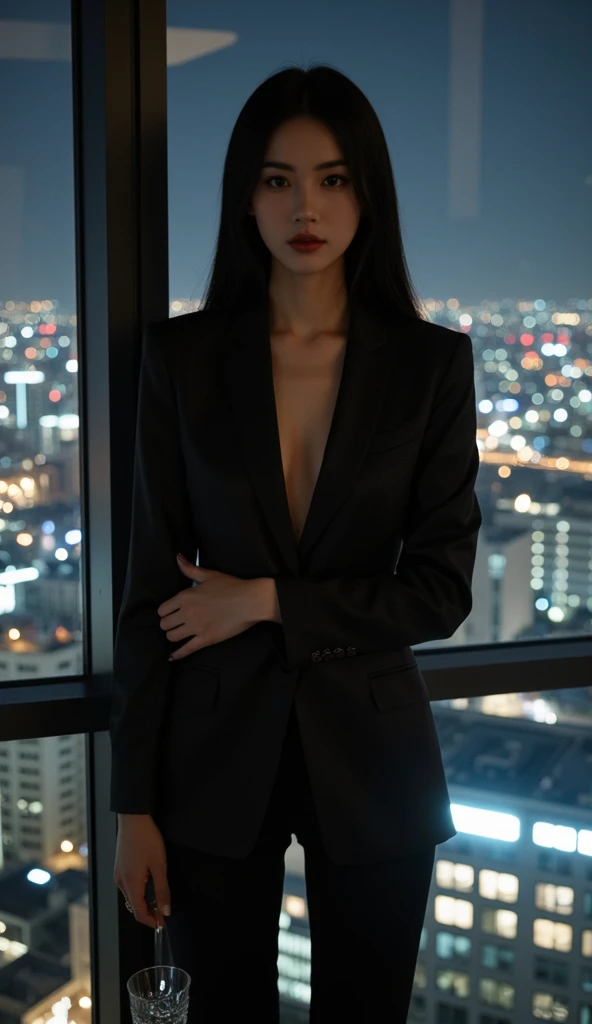 [[((young attractive South Korean woman with fair skin, long straight dark black hair, striking almond-shaped eyes, and a  frame:1.6)), ((Sophie Tan:1.5)), standing against a plain white wall in a professional photo shoot setting. She is wearing ((a well-tailored business suit:1.4)), comprising a fitted blazer and matching skirt or pants, presenting a professional and elegant appearance. Her hair is styled in loose waves, cascading down her back, and she has a confident gaze directed at the camera. The background is a simple white wall to keep the focus entirely on Sophie. The scene is captured with a ((full-frame DSLR:1.4)) using a ((50mm prime lens:1.4)) to keep Sophie in sharp focus. Professional studio lighting enhances her natural features and adds depth to the image. Post-production enhances the natural colors and ensures a clean, polished look. The image should be in ((8K resolution:1.5)) with ((hyper-realistic detail:1.6)). The focus is entirely on Sophie's facial features, hair, and professional attire, capturing her essence perfectly in a business setting.]]
