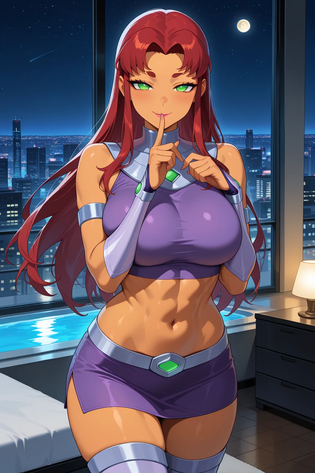 score_9, score_8_up, score_7_up, source_comic, BREAK 1girl, solo, Starfire \(DC's Teen Titans\), looking at viewer, parted lips, mature woman, hair tie, hot, posing in her bedroom, model poses, midshot.