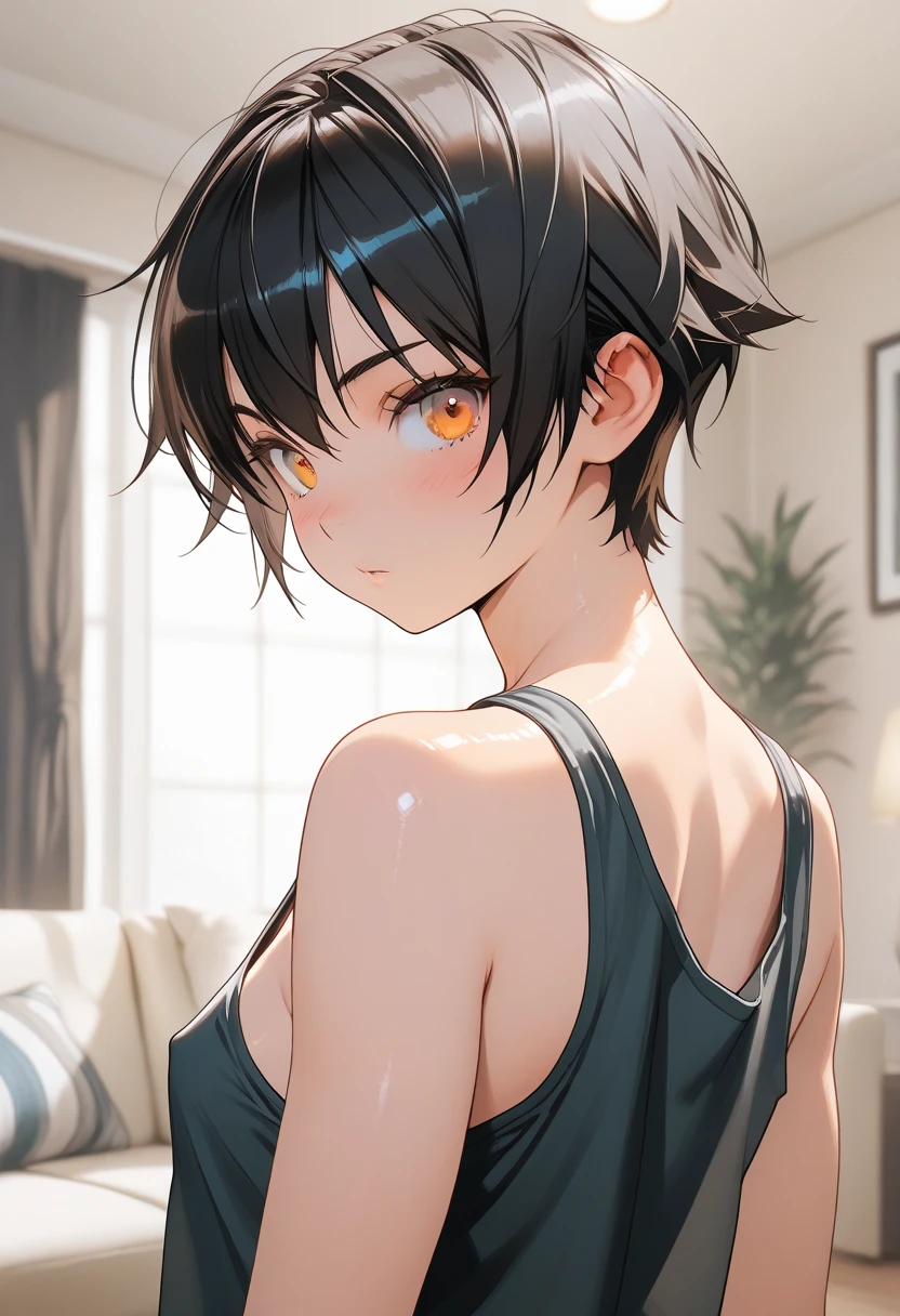 Highest quality、Realistic、male、zoom、Orange eyes、short black hair、Glossy white swimsuit、thin、Dark Skin、Inappropriate smile、Bedroom、Bust Shot、