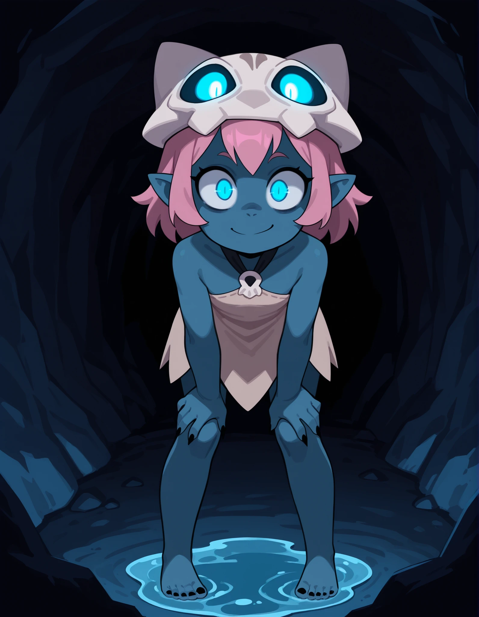 CWITS,  Coqueline, 1girl, blue skin, pink hair, blue eyes, skull hat, pointy ears, short beige dress, sleeveless, bare shoulders, halterneck, (on all four), leaning forward, smirk, closed mouth, crazy eyes, cave, inside cave, water puddle, glowing eyes, slit pupil, black claws, barefoot,  