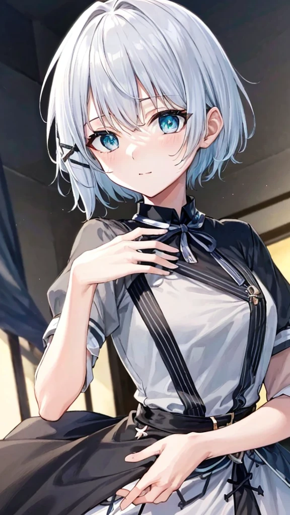 best quality, ultra precision, 1girl, cute, little girl, young, boyish, childish, small breasts, silver hair, cat ears, blue eyes, beautiful eyes, girl, ecstasy, sailor collar, estrus, metestrus, start to undress, naughty mood, she loves you, lost virgin, virgin, blush, beautiful skin, big bow on chest I'm not wearing panties hand on mouth