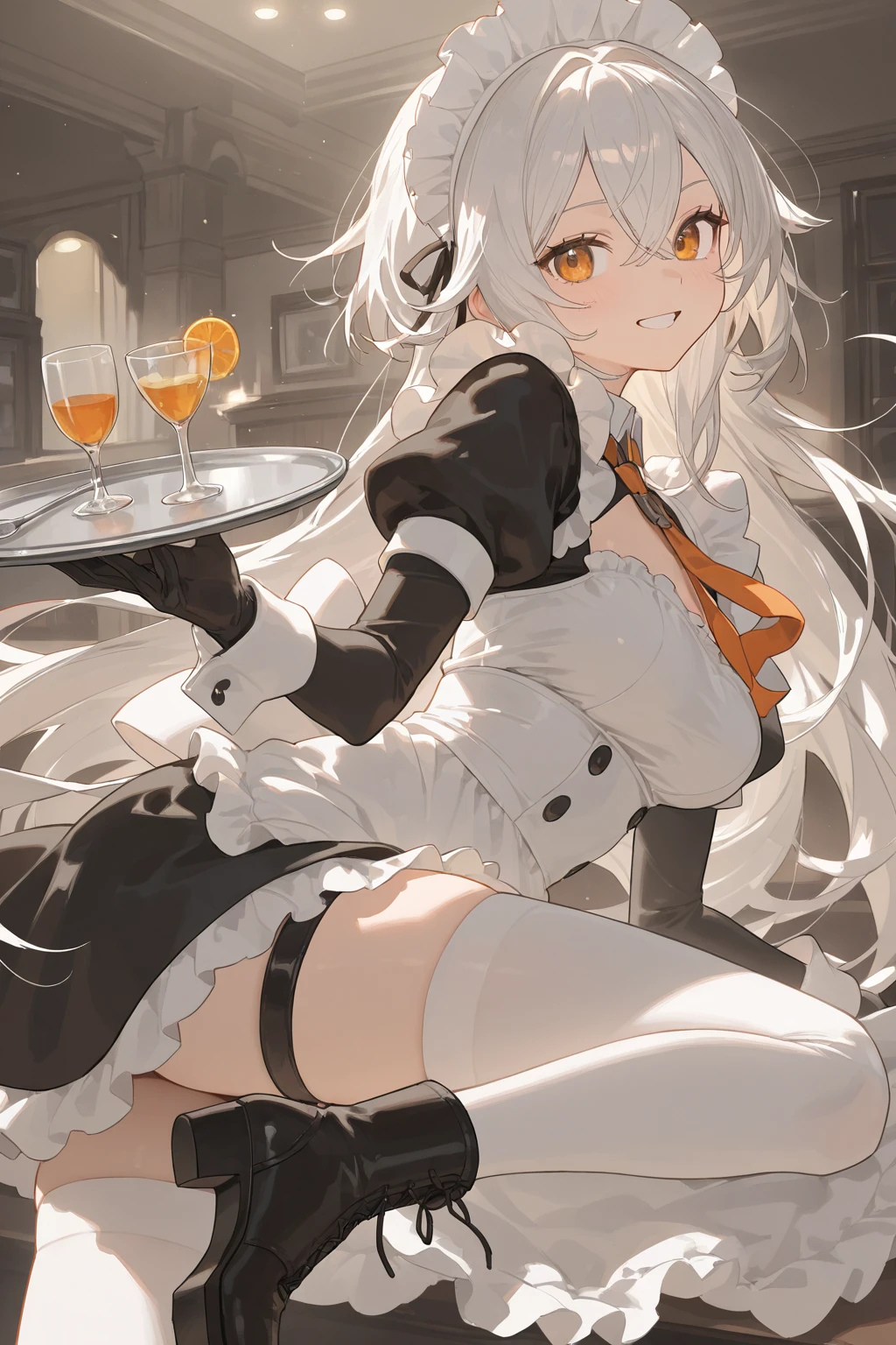 (masterpiece, best quality:1.2), solo, 1girl, kcheavycruiser, white skin, expressionless, looking at viewer, holding tray, asymmetrical horns, red eyes, playboy bunny, leotard, pantyhose, indoors <lora:kancolle_abyssal_heavycruiser-10:0.8>