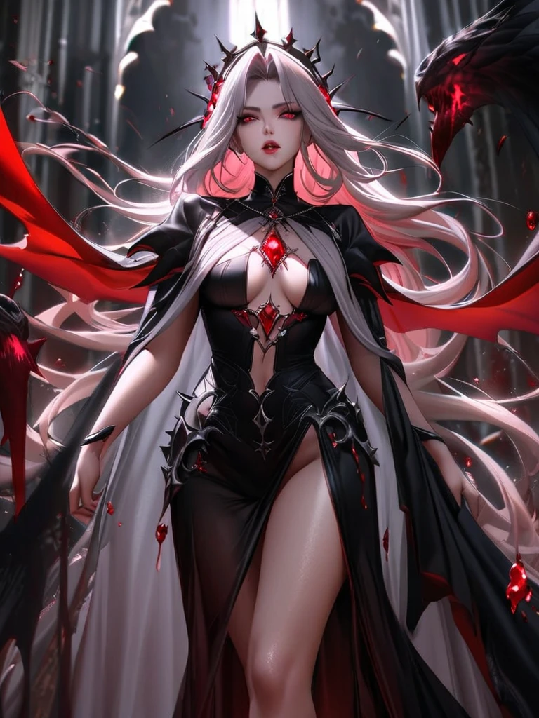 (ashenhard style:1.4), masterpiece, top-quality, hightquality,(Has a dark red glow and red eyes、Dark shapeless creatures surrounded by darkness:1.2), (In profile), (Dark:1.2), abstraction, abyssal, awardwinning photo, depth of fields, nffsw, ighly detailed, trending on artstationh, Trending in CGSighbour, Convoluted, high detailing,(masterpiece:1.2、top-quality)、(The best lighting、extremely delicate and beautiful)、(The best lighting、extremely delicate and beautiful)、(beautifull detailed face)、(Detailed eyes and detailed face:1.2)、Dark Fantasy, (younggirl, Little beast, 1girl in, 独奏, Crazy smile, pale skin,19 piercings,((Tattoos all over the body,Tribal tattoos all over the legs)) white hair, eyes glowing red, Dynamic Angle, Vampires), ((Chains in the background,magic circles,graffiti on the walls,Get)),Get demons to be summoned), (Devil from Magic Circle)Magic Thunder, Spiky ears, Detailed fangs,detailed tooth,Devil's wings on the back,Demon Horns,Blood on the face,Blood Rain,Blood fog,(depth of fields),highcontrast,(blood splashing:1.4),cowboy shot,full body Esbian, Black Lace Up Thigh Boots,Shout,Magnificent stage