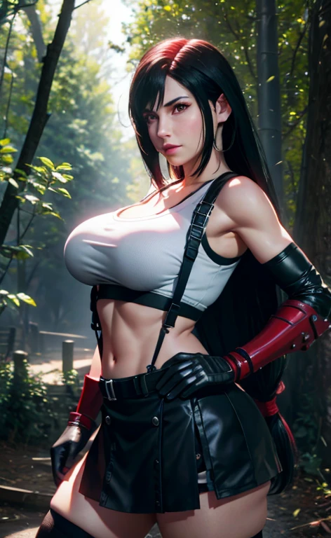 Masterpiece, Best quality,。.3d rending work ,。.3DMM style,Close-up, 。.3D,1girll, Solo, Black hair, teardropshaped earrings, Realistic, (full bodyesbian:1.5), urban backdrop, bangs, Long straight black hair, parted lip, choker necklace, Makeup, (White sports bra:1.5), (Red eyes), Tifa Lockhart, (Huge breasts:1.5) enormous droopy breasts, cleavage, Toned abs, Toned arms, (Black miniskirt:1.4) Thigh-high stockings, Red boots, Slim, Thin figure, Long legs