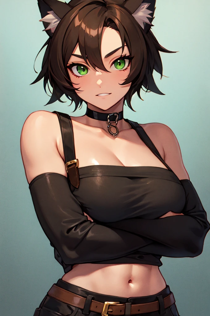 short hair, Brown hair, Breasts, Bright green eyes,Frowning, earrings, angry, contemptuous look, 