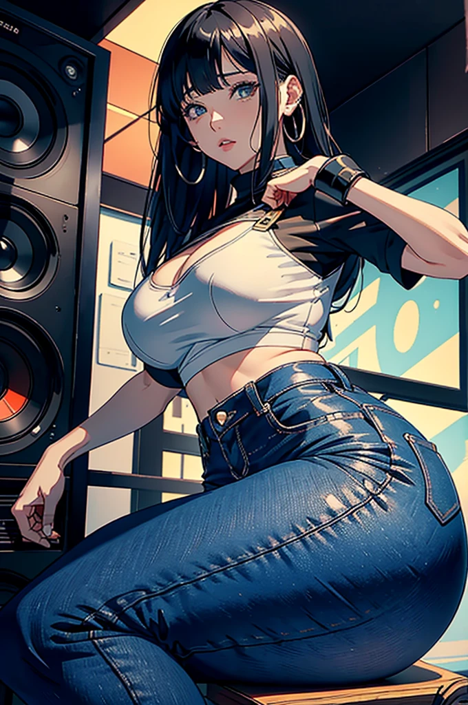 (Hinata Hinata, Very , wearing tight clothes, big, Thick legs, Wearing extremely tight jeans, wearing a mini shirt, There leakage in the belly button, long hair, Speakers at the back, Very realista, Very, 8k, 8K extremely detailed), (extremely delicate and beautiful), (masterpiece), (better quality: 1.0), (ultra high definition:1.0)