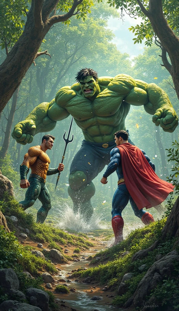Hulk punching The Flash, at a forest