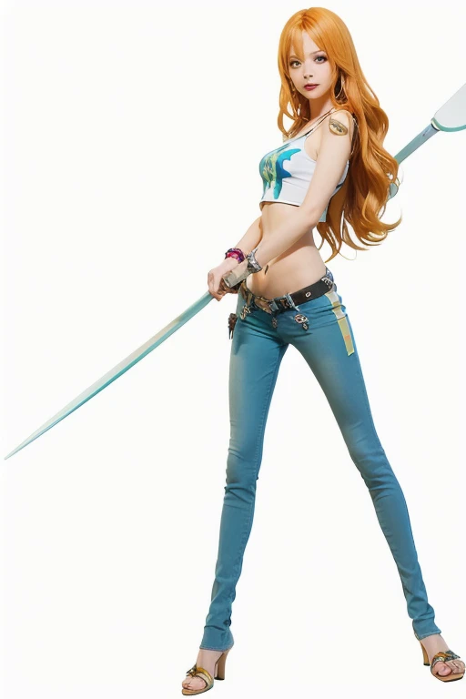 ((masterpiece)), ((high quality)), ((detail)), 1girl, solo, nami, pirates, standing, slim body, cute girl, orange hair, long hair, round black eyes, naked, green bra white stripes, sagging pants, blue jeans, leather belt, metal buckle, wooden sandals, realistic, reality, ultra detailed, high quality images, 8k wallpaper, 8k, 70mm camera lens