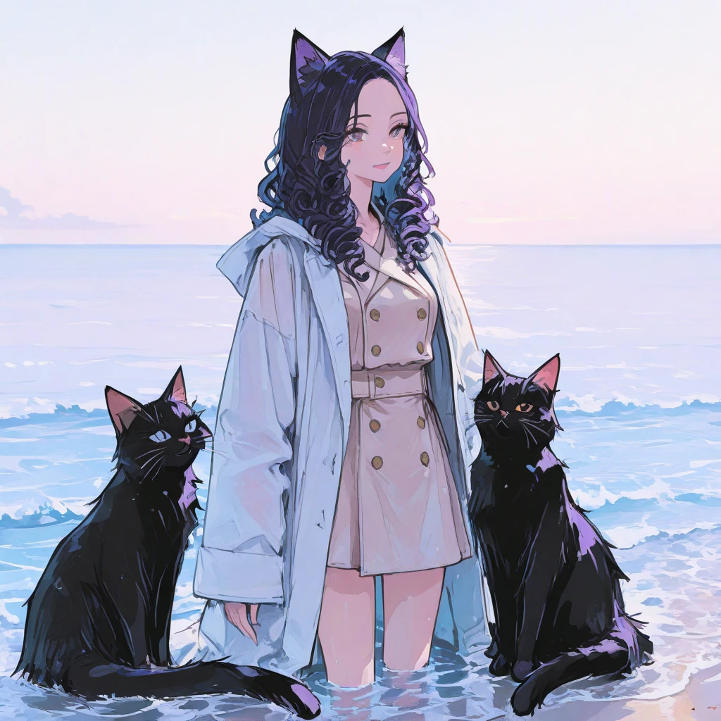 Black cat-eared sister, wearing sunglasses, green eyes, wearing a bikini, small breasts, tall and thin, long skirt, wearing sandals, having a black cat tail, holding an umbrella, yawning sleepily, on the beach, focusing on the sweaty face, cute.