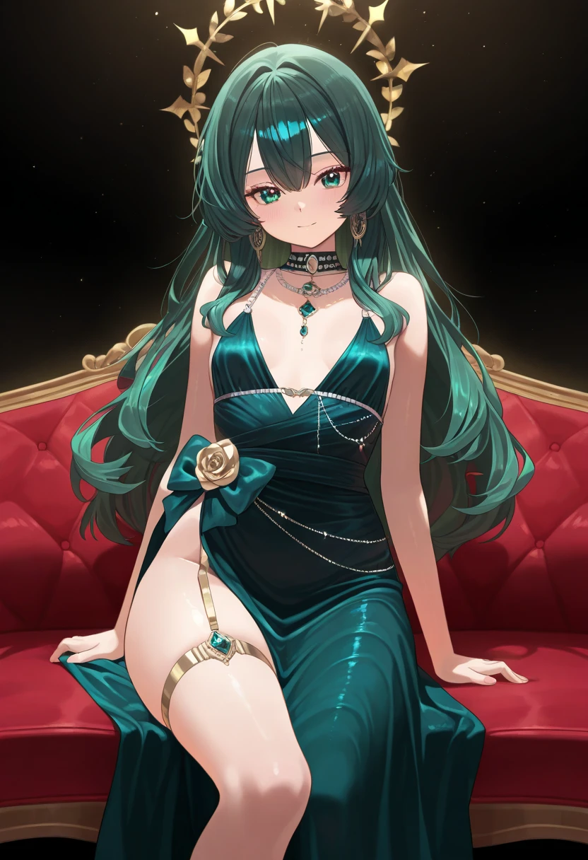 score_9, score_8_up, score_7_up, ShiMort, green hair, long hair, green eyes, hair ribbon, detached collar, detached sleeves, black dress, sitting, solo, crossed legs, <lora:SHion DORA VA1:1>