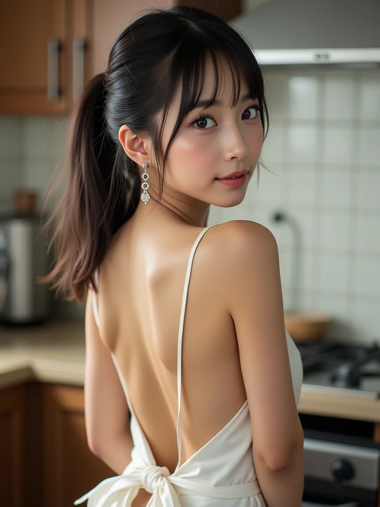 Lots of details, (Narrow waist), 30 years old, Detailed black hair, Beautiful detailed hair, So beautiful, Intricate details、Beautiful and delicate eyes, Perfect hands, (small breasts Highest quality), Perfect and delicate limbs, Detailed skin, Highest quality, Very detailed,(Bright smile:1.5), Full Body Shot, shy, Put your hands on your head, Looking down, Twin tails, Naked Apron, In the kitchen, Retro, Front view, (From below:1.2)