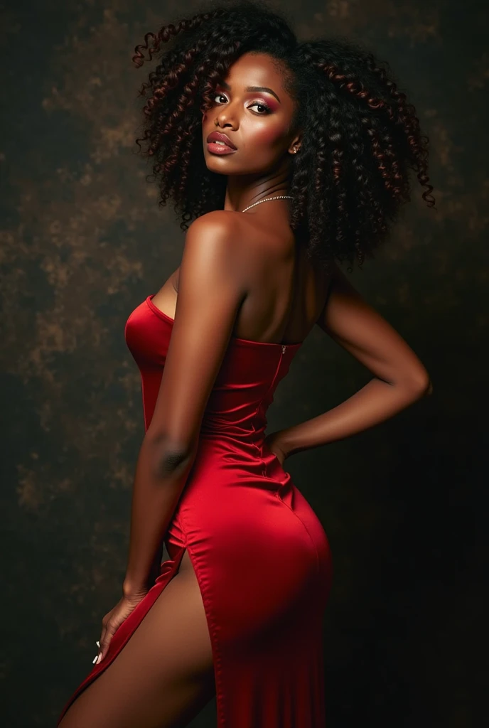 A beautiful young African woman with flawless dark skin, standing confidently. She is dressed in a sexy, form-fitting red outfit that accentuates her curves, with red lipstick that complements her look. Her expression is serious but with a subtle, playful smile. Her hair is styled elegantly, and she exudes a sense of grace and strength in her posture. The background is minimal, ensuring that all the attention is on her beauty and presence."
