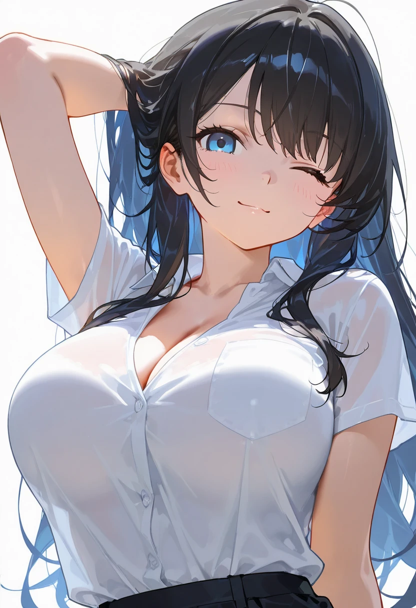 score_9, score_8_up, score_7_up,source_anime, high res image,masterpiece,best quality,girl,cute face,clear skin,shiny hair,ultra detailed eyes,simple background, , shirt,skirt,cleavage