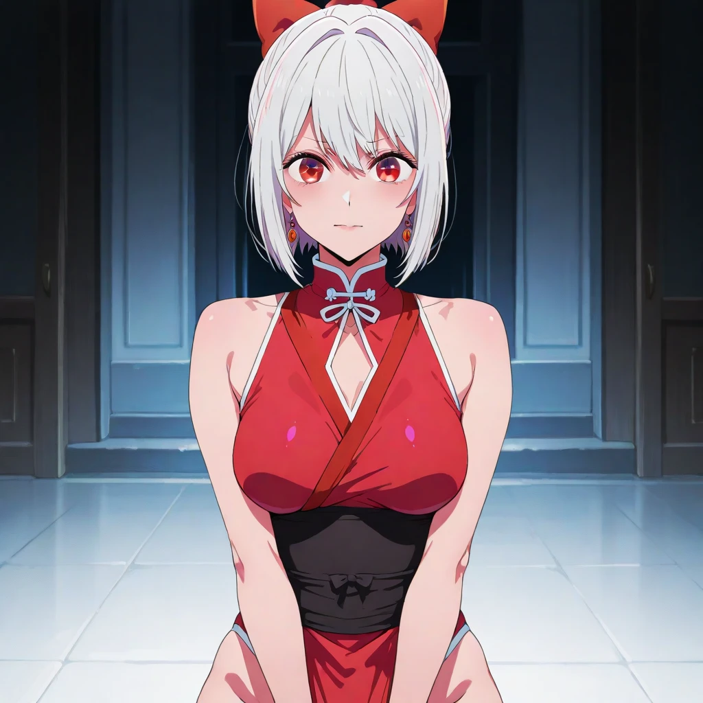Best Quality, (Masterpiece:1.2), High Detailed, Cat Ears, 1girl, solo, tojo koneko, red eyes, white hair, short hair, hair decoration, black neckband, erotica, sleeveless, healthy skin, (indoors),((( cum, cum on face, after sex)) , ((black dress)))