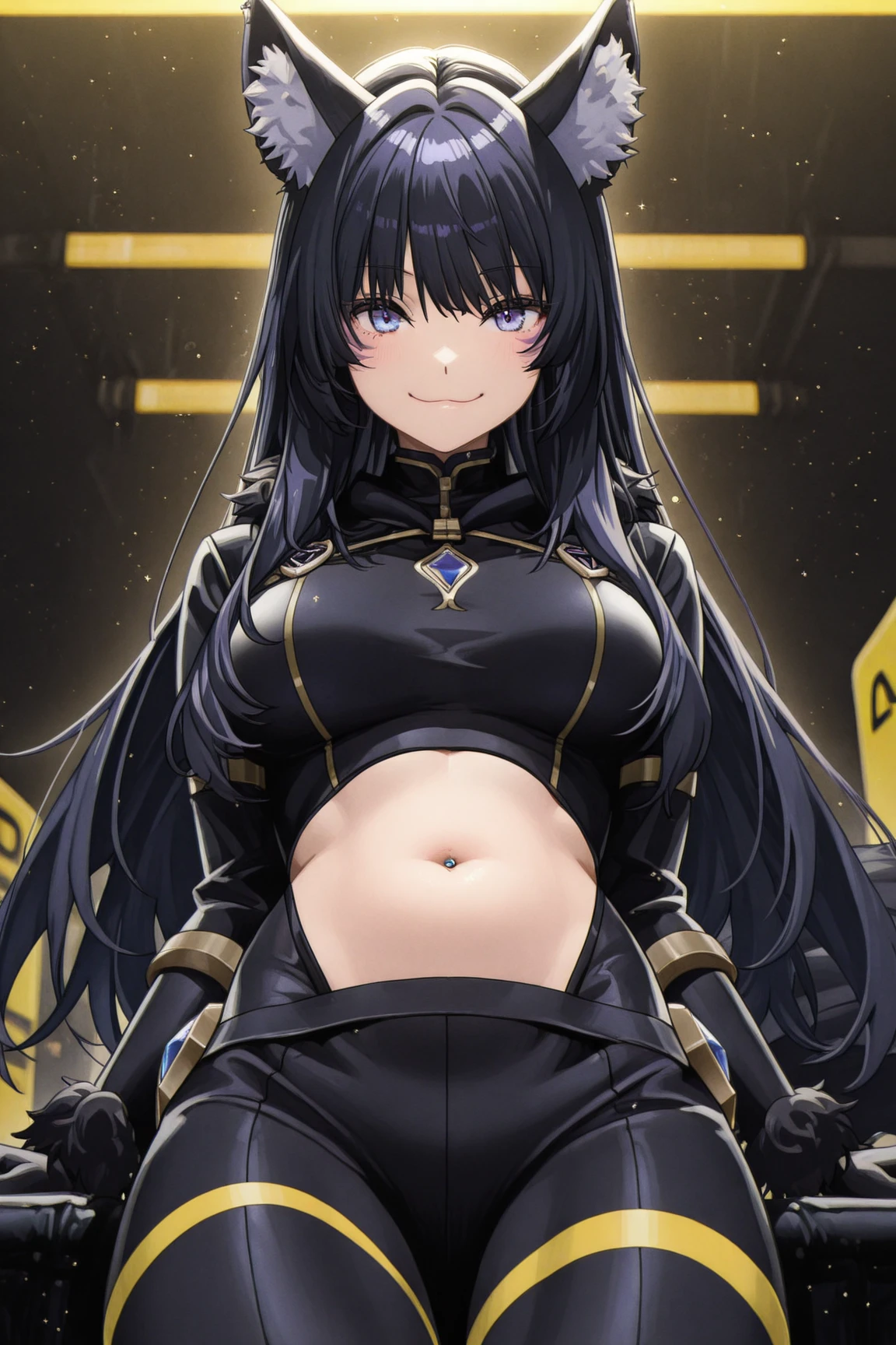 black hair, yellow eyes, a human girl, wearing a female ninja outfit, shocked face, kneeling, skin becoming black and furry, wolf ears