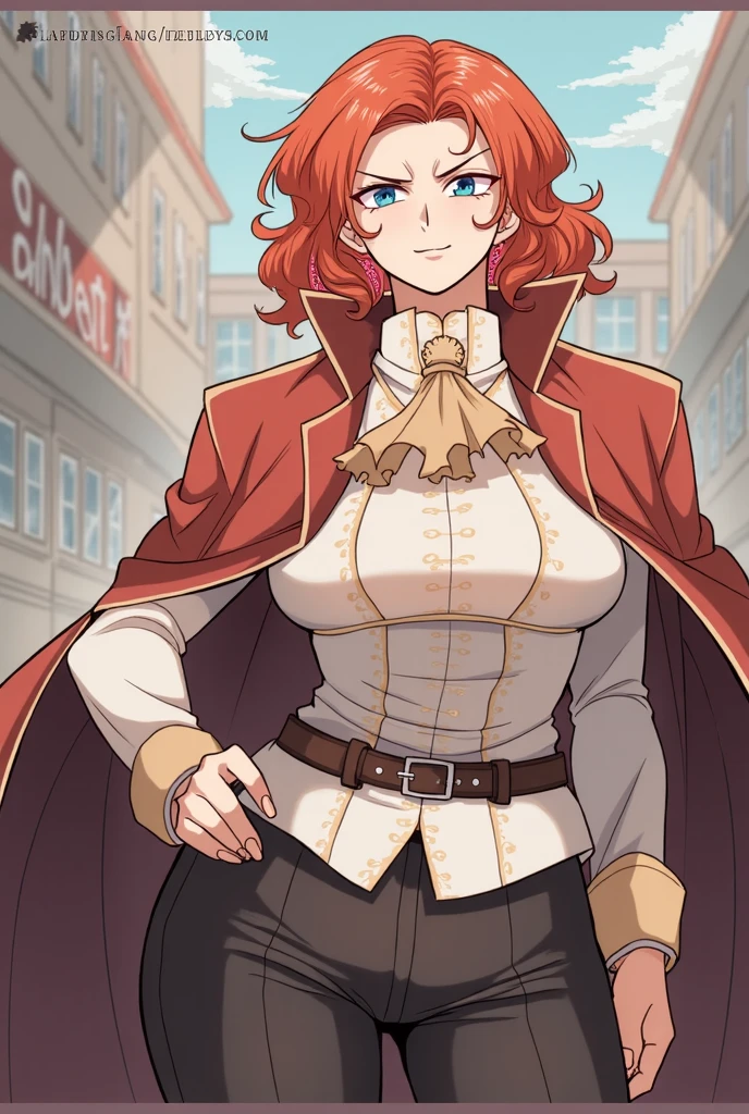 <lora:TWBE:1>, alicia termina, 1girl, solo, white shirt, yellow necktie, red cape, grey pants