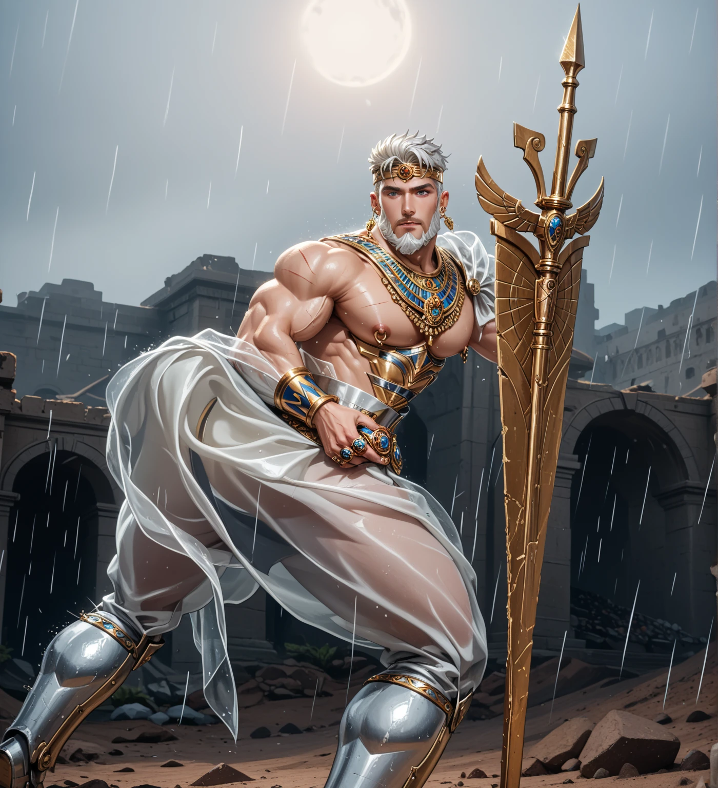 Male Titan, dark skinned muscular body, hairy chest, white hair, green eyes, Greek cloak clothing, naked body, pubic hair, erect penis, amazing lighting, greek temple.