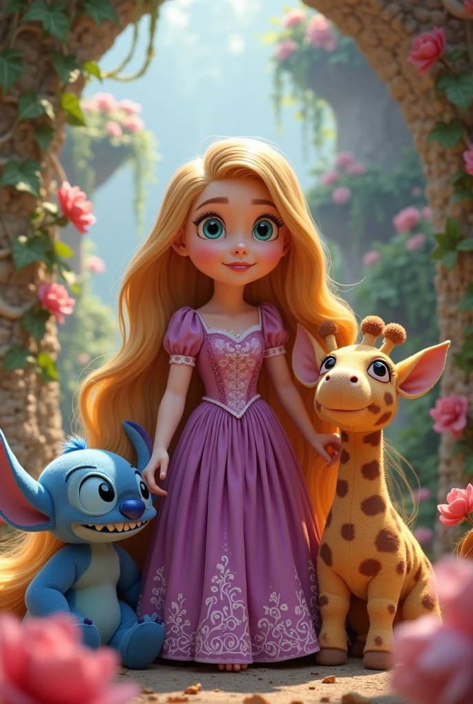 gernate a picture of rupenzal like girl play in garden with lot of children and make them laugh and happy