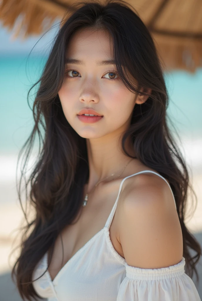8k、RAW photo、highest quality、masterpiece、High detail RAW color photography、professional photos、(real、realistic:1.37)、(high detail skin:1.2)、High resolution、beautiful detailed eyes、(hard focus:1.4)、(sharp focus:1.4)、one girl(Bold and energetic colors:1.3)shirtless、(Floral:1.3)、(solo:1.3)、sunny beach、playful look、Bokeh、Lens flare、(vignette:0.8)、cinematic lighting、professional lighting、Physically based rendering、ulzzang-6500-v1.1、pureerosface_v1
