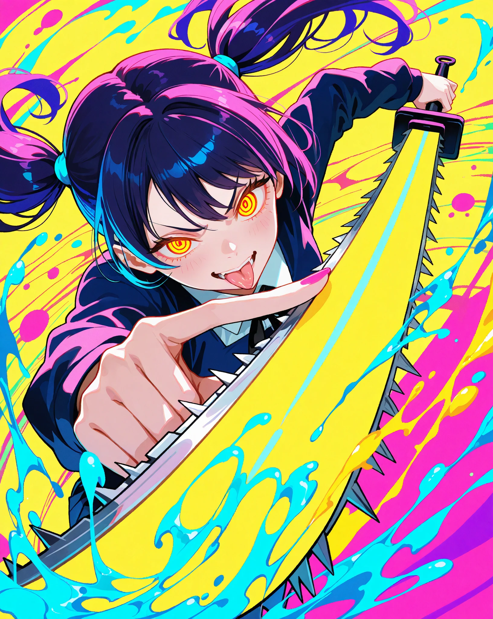 an anime girl with red eyes, long black hair with pink strands with small hair bow with small blue and yellow cubes decoration on the bow, on the right side of the head. She wears a white sleeveless blouse and a black skirt. In her right hand she carries her katana ready for the fight
