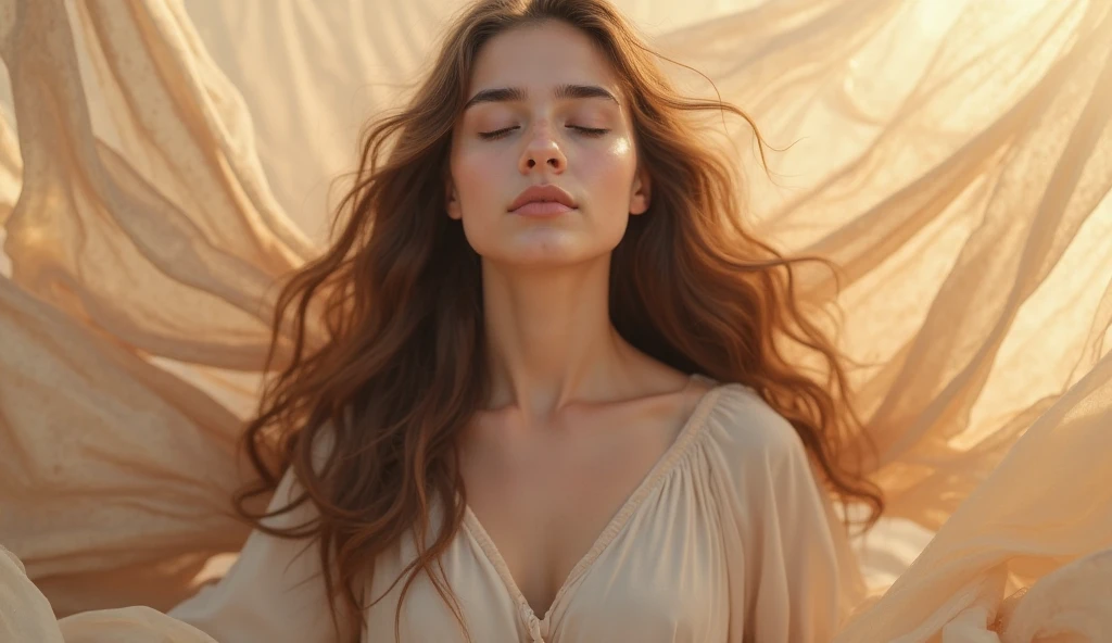 Generate a high-resolution digital image depicting a serene beach scene with a central focus on a young woman. The woman, with long, flowing hair, is lying on the warm, golden sand, eyes closed, and lips slightly parted, experiencing the gentle ocean breeze. The scene is framed by swaying palm trees, casting dappled sunlight on her body. The ocean, stretching endlessly in the background, transitions from deep blue to a hazy horizon where the sky meets the water. White-capped waves roll towards the shore, their foamy crests glistening in sunlight before dissolving into the sand. Include small details like seagrass, smooth rocks, and scattered shells on the beach. Capture the overall mood of tranquility and relaxation, emphasizing the play of light and the immersive sensory experience of the seaside ambiance. The image should evoke a realistic and visually stunning representation of this idyllic coastal setting