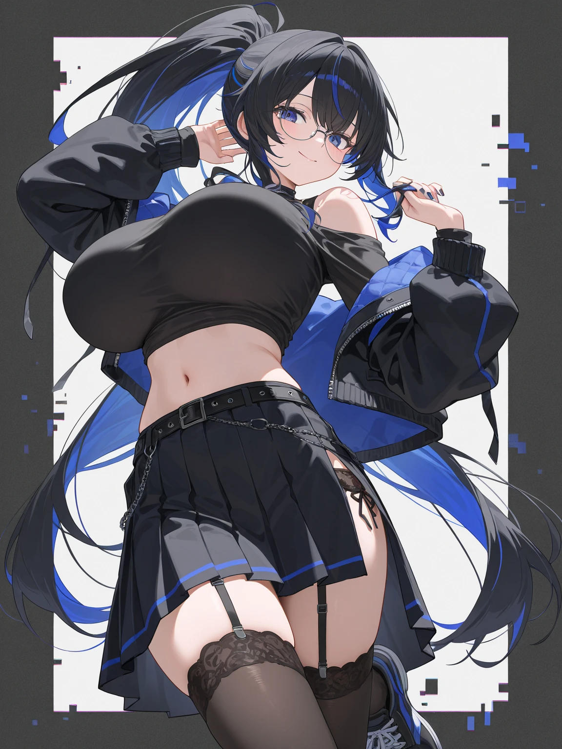 girl, white shorts, blue hair, hands above head, perfect face, detailed face, white bolero, colorful, lots of details, black hair, juicy girl, lots of blue star galaxy cubes on background, millions of mystery cubes