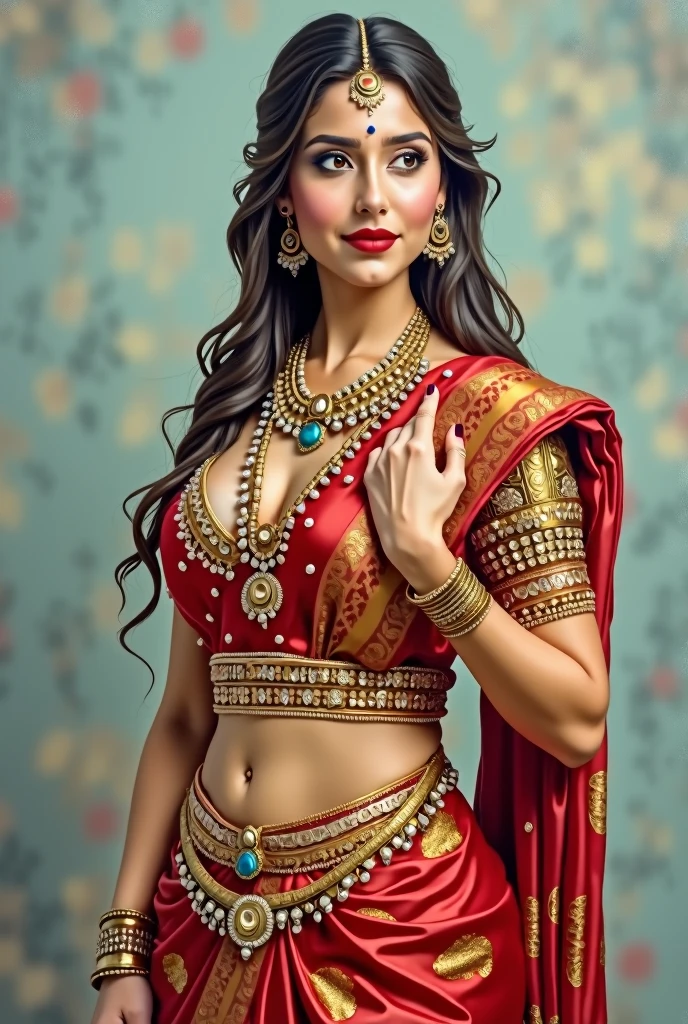 (1woman lady, mature,wavy blunt silky hair , thin silk grey full sleeve blouse and fashion saree stripes and beautiful design, big long bell jhumka earrings, detailed alluring eyes, smooth detailed lips, beautiful face, smiling, navel, bangles, saggy breasts, photorealistic, 8k, hyperdetailed, vibrant colors, studio lighting, masterpiece, cinematic composition, dramatic lighting, intricate details, highly realistic skin textures, volumetric lighting, beautiful intricate jewelry, warm color palette, natural lighting, elegant pose, beautiful detailed expression, hyper realistic rendering, seamless blending, flawless skin, glowing skin, delicate features, breathtaking realism, striking composition),tall , necklace, bangles ,navel,full body view
