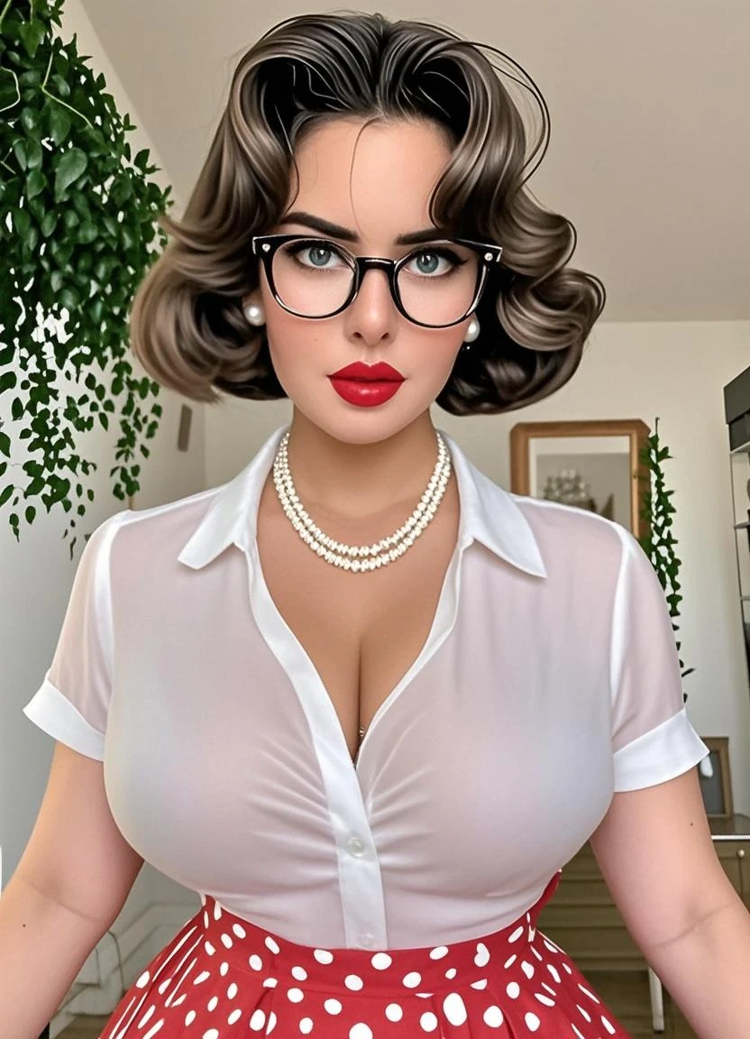 Lana Turner dressed in sexy librarian clothes with lipstick and smiling