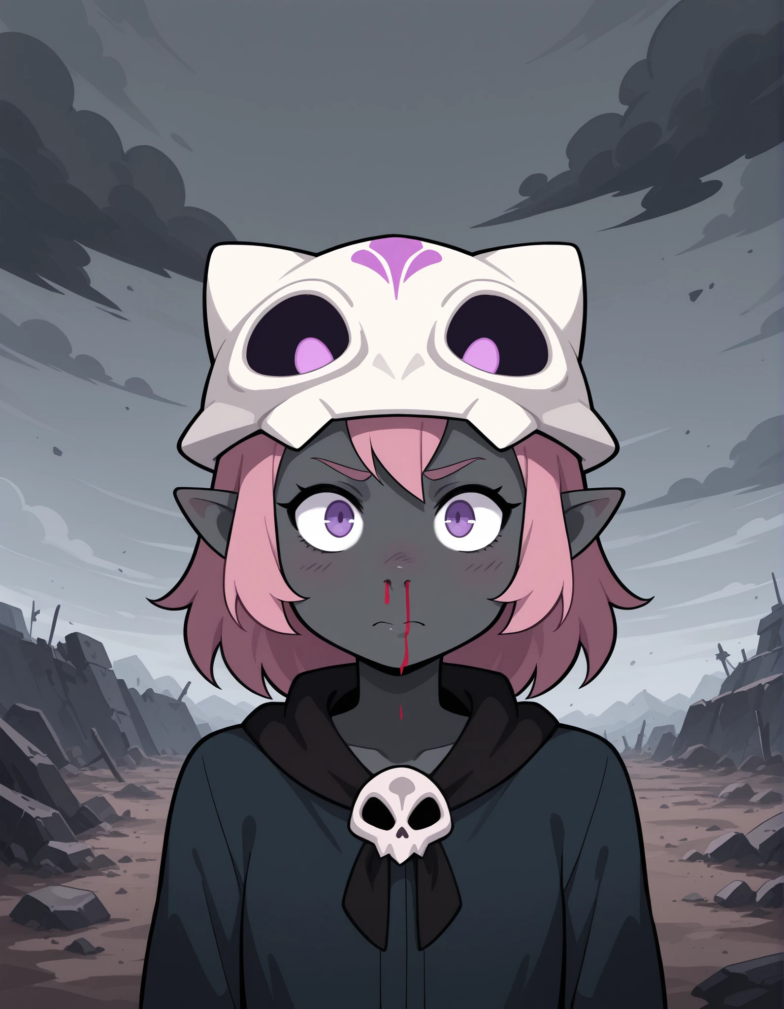 CWITS, Coqueline, 1girl, black skin, pale skin, grey skin, pink hair, (purple eyes), skull hat, pointy ears, wasteland, destroyed land, grey sky, dark clouds, upper body, (nosebleed),