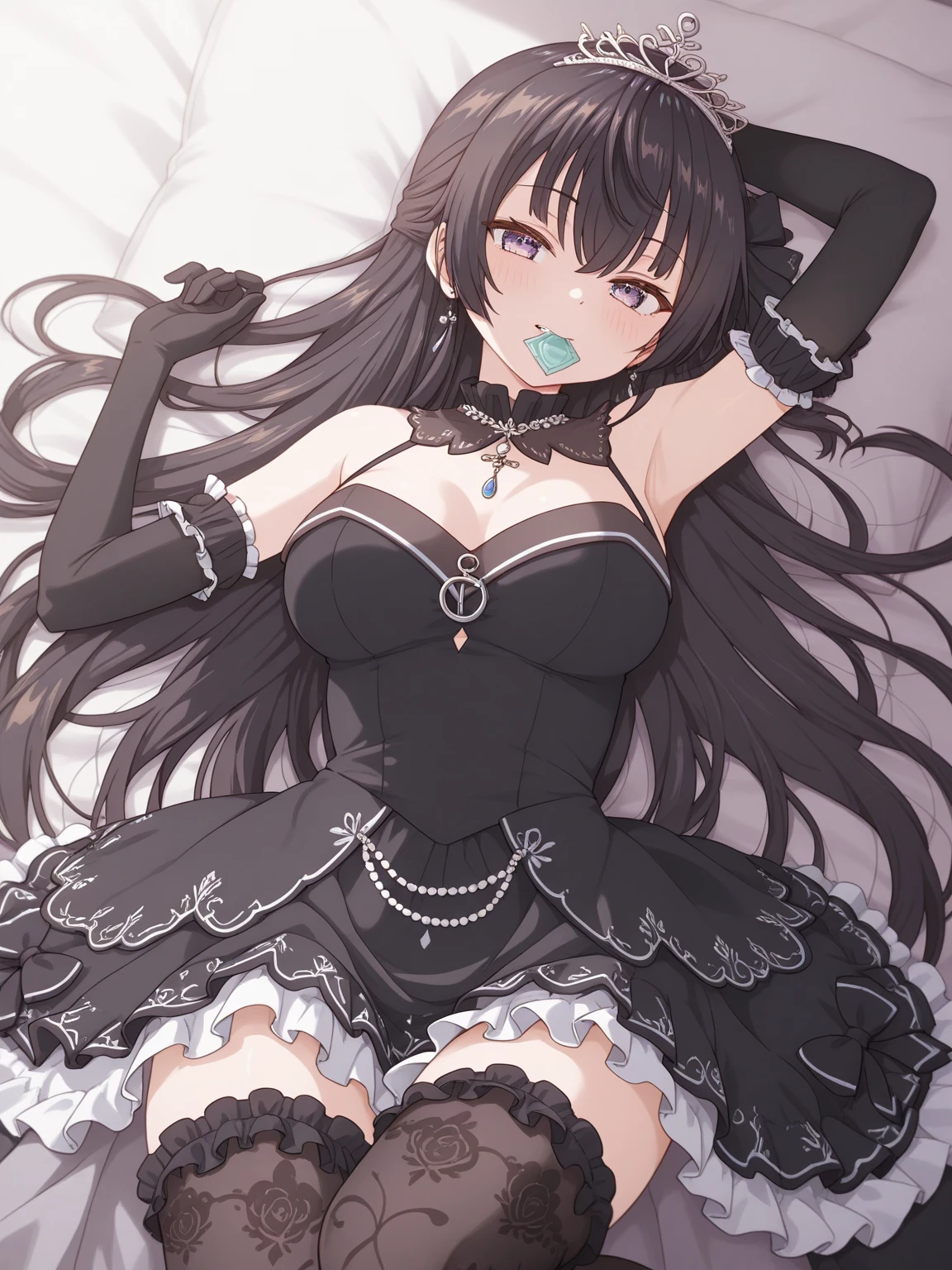 anime - style image of a woman in a black dress sitting on a bed, seductive anime girl, woman in dress, beautiful alluring anime woman, cute anime waifu in a nice dress, perfect black haired girl, attractive anime girl, beautiful alluring anime teen, beautiful anime girl, anime goddess, slander body, grayscale phtoto with black dress