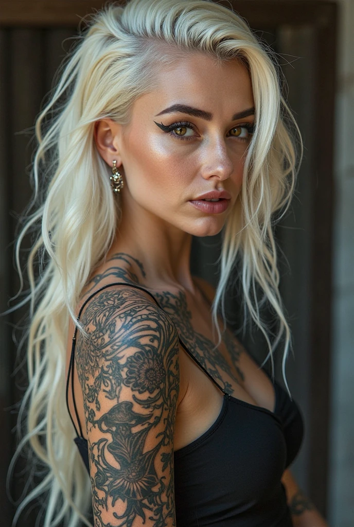 Create a hyper detailed photograph of a hrgiger tattooed muscular young sexy women, Stunningly perfect gorgeous face, perfect makeup, detailed vibrant eyes, platinum blonde dutch hair, big beautiful muscular legs, big beautiful muscular arms, big bac muscles, muscular abs, yoga outfit, detailed smooth skin, big breast, big muscular perfect round ass,