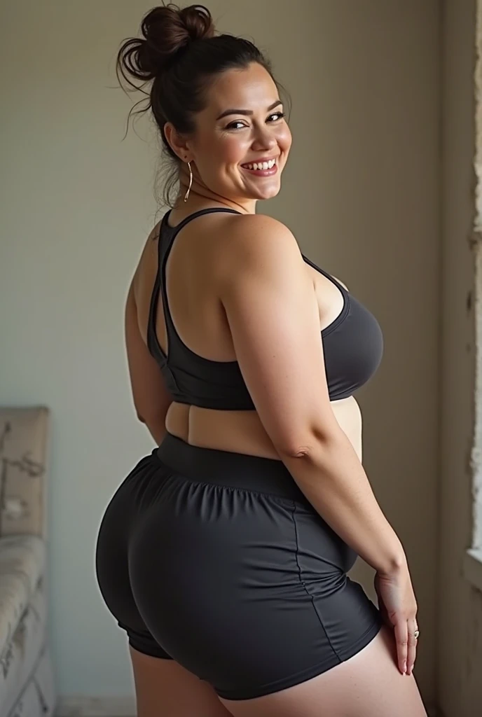 low angle shot, an athletic brunette, portant une tenue de sport moulante,gros cul,corps athlétique,cuisse épaisse et muscler,d'colorful 1950s summer, 50s hairstyle, gros seins, I did not expose, debout près d'une table sous un soleil ((salle de sport)), détourner le regard du spectateur, nice view out the windows, 8k sensual lighting, warm lighting, extremely photorealistic 4k, cgsociety uhd 4k très détaillé, tendance sur cgstation