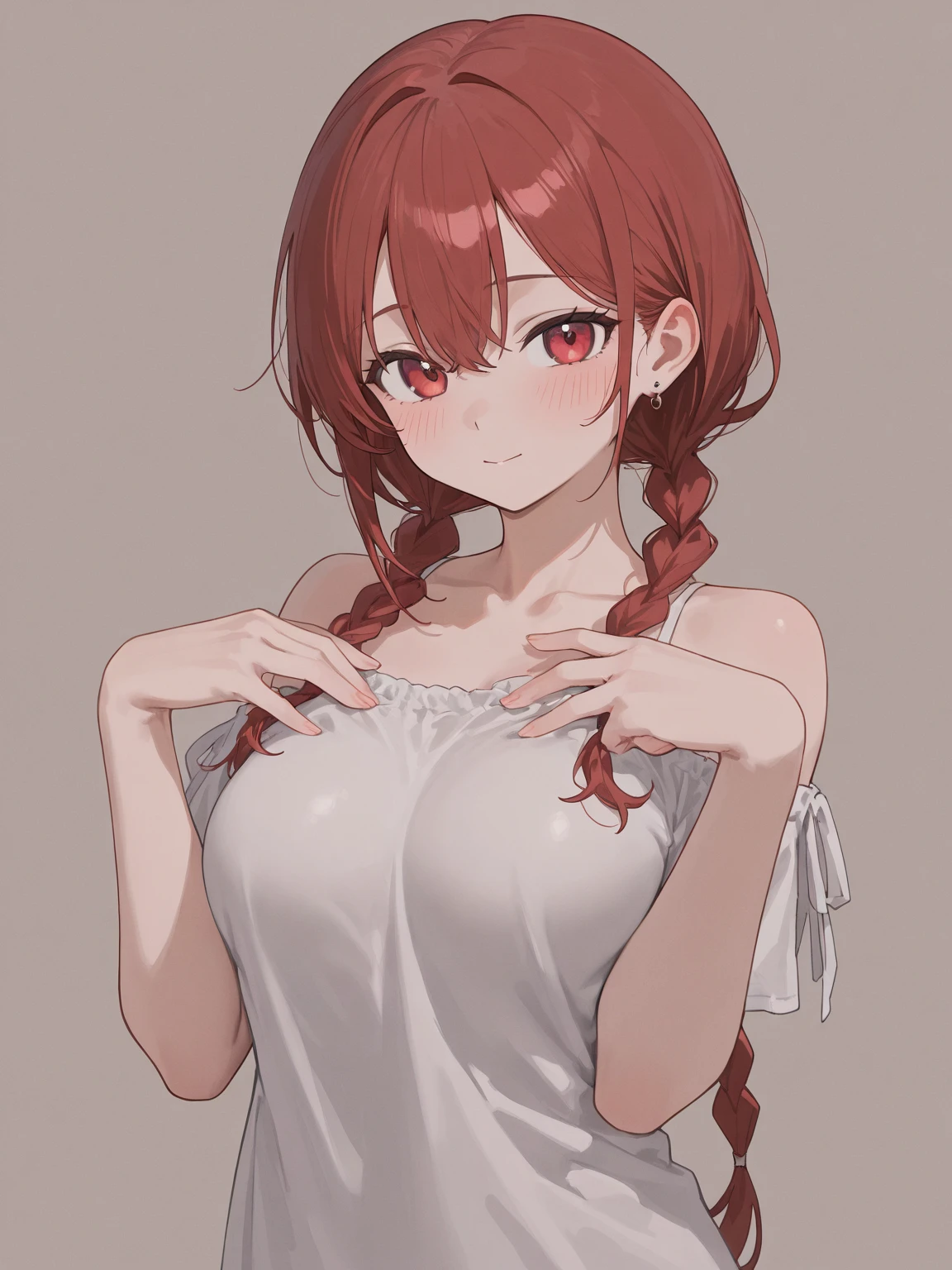 Insane details, 1girl arms behind back black buruma braid breasts buruma closed mouth film grain french braid gym shirt gym uniform hair flaps long braid long hair looking at viewer medium breasts multicolored hair orange eyes orange hair red hair shirt sidelocks simple background skindentation smile solo streaked hair very long hair virtual youtuber white background white shirt