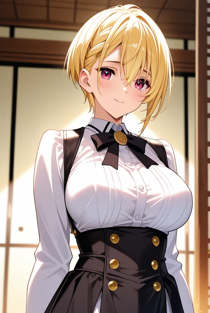 milf, blonde down blouse, mature woman, middle parted hair, sfw, natural breast, upper body, milf, samui, simple smile, in a dark room, maid, bloodstains