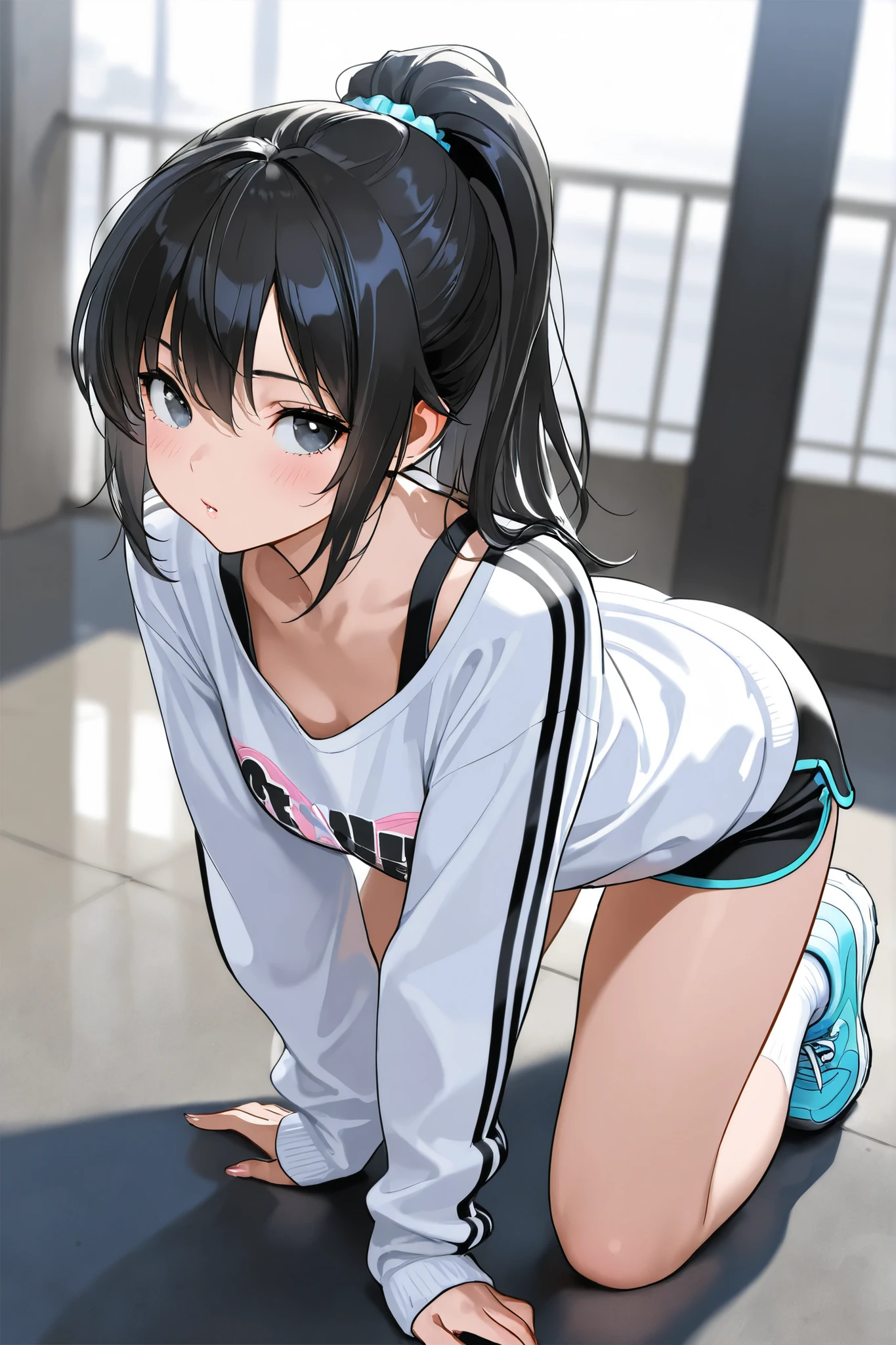 ((((masterpiece)))), high quality, very_high_resolution, large_filesize, full color,full body,Japanese、black hair, long hair, ponytail、Ultra-detailed eyes、Highly detailed face,Get on all fours、Street fashion、Streetwear、High-fashion streetwear、ストリートファッション、原宿系ファッション、原宿,looking back