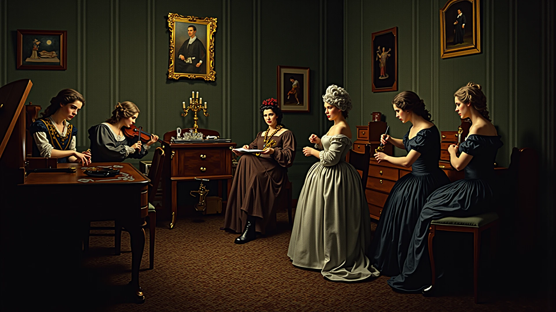 <lora:dAIversityUnderstandingXL-Realistic:0.0> Museum, extinct musical instruments, oil painting, chiaroscuro, warm lighting, dark background, spotlights, viola da gamba, hurdy-gurdy, clavichord, dulcimer, hurdy-gurdy, serene atmosphere, ornate golden frames, high ceiling, marble floor, dust particles, quiet, reverent, timeless beauty,symmetry portrait of poly styrene, xray sci - fi, neonpunk, tech wear, glowing lights intricate, elegant, highly detailed, digital painting, artstation, concept art, smooth, sharp focus, illustration, art by artgerm and greg rutkowski and alphonse mucha